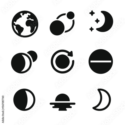 Lunar Cycles Icons. Solid, filled icon set of lunar cycles and Earth interaction: Earth view, moon orbit, night sky, eclipse path,