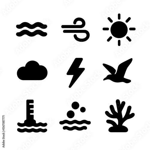 Offshore Wind Icons. Solid, filled icon set of environmental elements affecting offshore wind platforms: ocean waves, wind gust,
