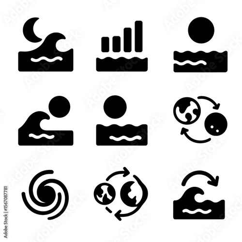 Lunar Tides Icons. Solid, filled icon set of tides and lunar effects: ocean tide, tidal chart, high tide icon, low tide icon, wave