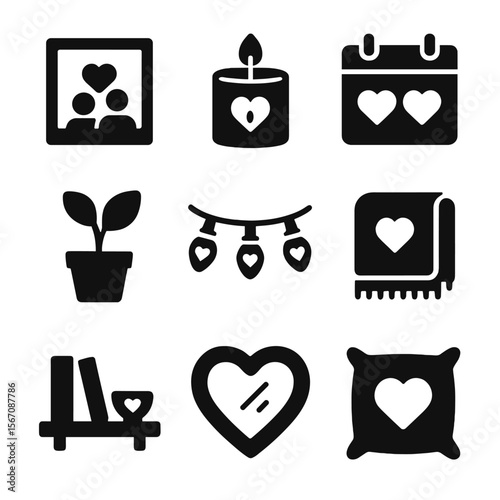 Home Decor Icons. Solid, filled icon set of decorating home with love: framed photo, scented candle, shared calendar, potted plant