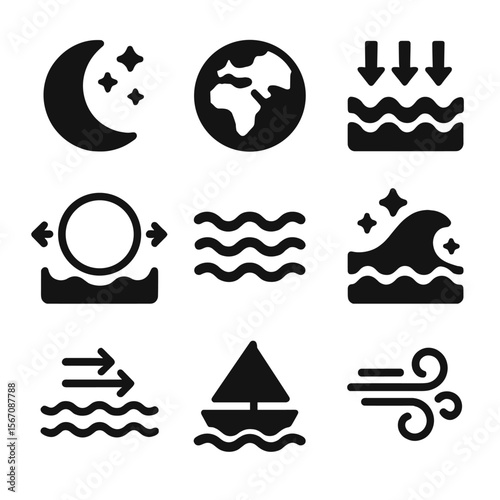Lunar Tidal Icons. Solid, filled icon set of lunar influence on water: moon, earth, water currents, gravity arrows, tidal bulge,