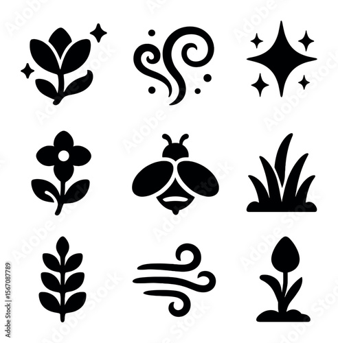 Fantasy Bloom Icons. Solid, filled icons set of fantasy bloom: glowing petals, magic swirl, sky sparkle, dream