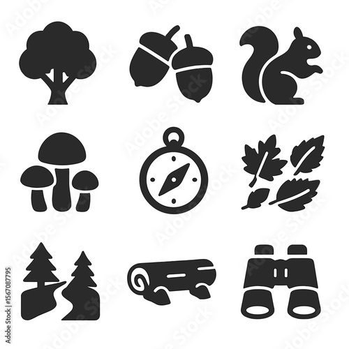 Fall Forest Icons. Solid, filled icons set of fall forest exploration: tree canopy, acorns, squirrel, mushroom