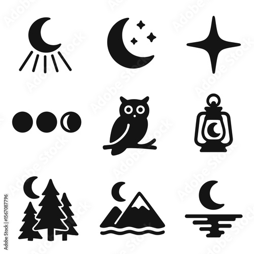 Lunar Night Icons. Solid, filled icon set of lunar illumination scenes: moonbeam rays, night sky, shining star, moon phases, owl,