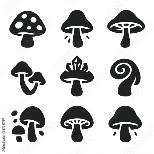 Fairytale Mushroom Icons. Solid, filled icons set of fairytale mushroom varieties: spotted cap, glowing stalk,