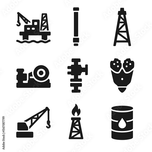 Oil and Gas Icons. Solid, filled icon set of oil and gas drilling: offshore platform, drill pipe, derrick, mud pump, blowout