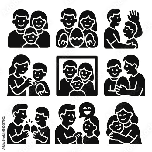 Family Easter Icons. Solid, filled icons set of family bonding moments at Easter: smiling faces, holding eggs,