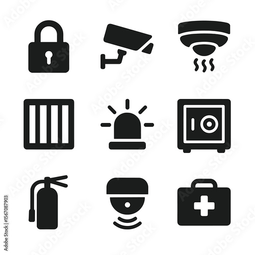 Home Safety Icons. Solid, filled icon set of home safety: lock, security camera, smoke detector, window bars, alarm system, safe,