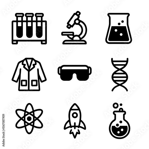 Home Science Icons. Solid, filled icon set of science experiments at home: test tubes, microscope, beaker, lab coat, safety