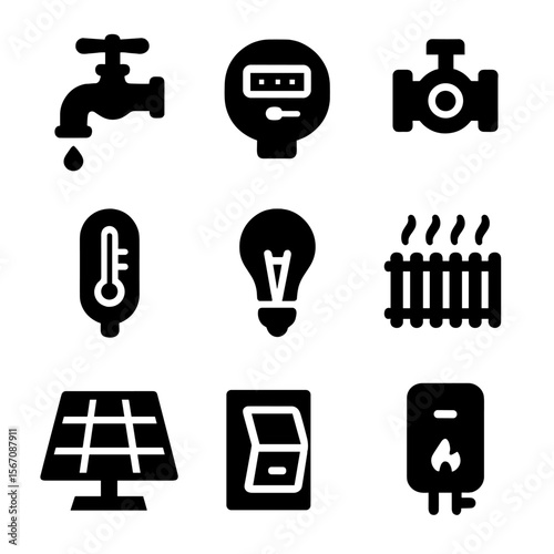 Home Utility Icons. Solid, filled icon set of home utilities: water tap, electricity meter, gas valve, thermostat, light bulb,