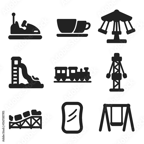 Family Fun Rides. Solid, filled icons set of family fun rides: bumper cars, spinning teacups, swing ride,