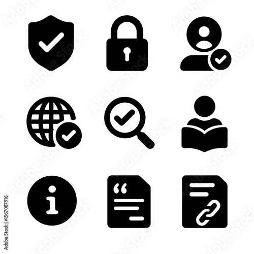 Online Trust Icons. Solid, filled icon set of online trust indicators: checkmark badge, secure padlock, verified profile, domain