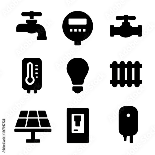 Home Utility Icons. Solid, filled icon set of home utilities: water tap, electricity meter, gas valve, thermostat, light bulb,
