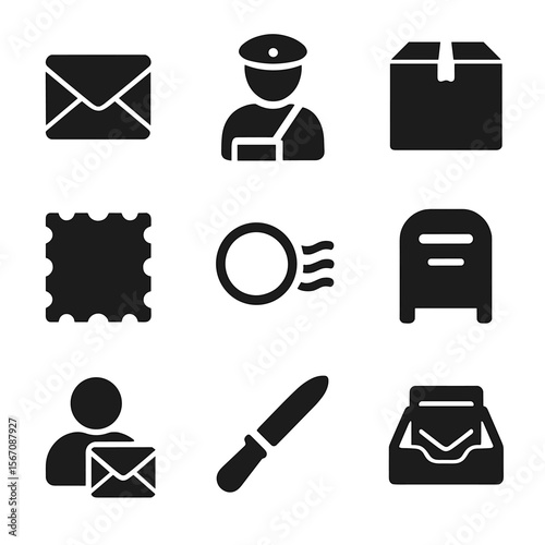 Mail Icon Set. Solid, filled icon set of Letter Mail: envelope, mail carrier, parcel, stamp, postmark, postal box, recipient,