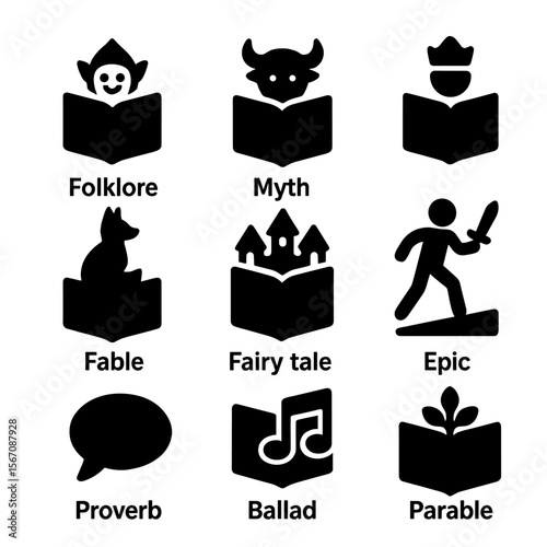 Oral Tradition Icon Set. Solid, filled icon set of oral storytelling traditions: folklore, myth, legend, fable, fairy tale, epic,