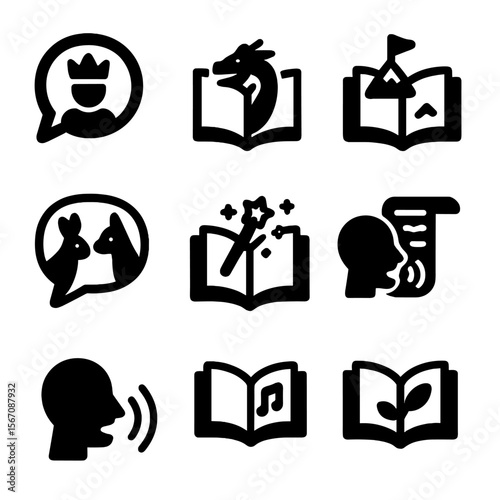 Oral Tradition Icon Set. Solid, filled icon set of oral storytelling traditions: folklore, myth, legend, fable, fairy tale, epic,