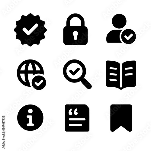 Online Trust Icons. Solid, filled icon set of online trust indicators: checkmark badge, secure padlock, verified profile, domain