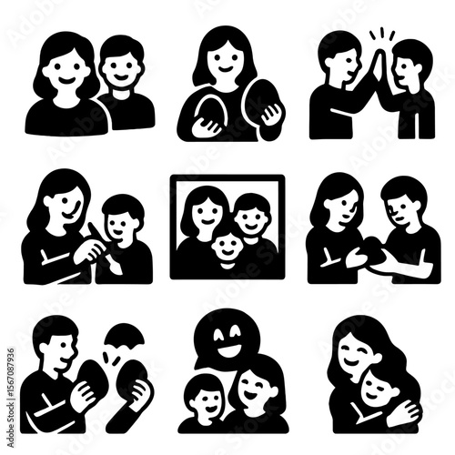 Family Easter Icons. Solid, filled icons set of family bonding moments at Easter: smiling faces, holding eggs,