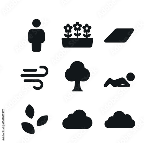 Open Field Icons. Solid, filled icons set of open field rest: person icon, flower bed, mat, sky, breeze, tree,