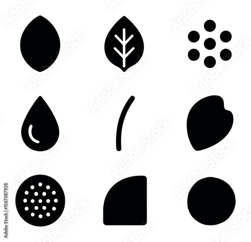 Macro Details Icons. Solid, filled icons set of macro bloom details: close petal, leaf vein, pollen dot, dew