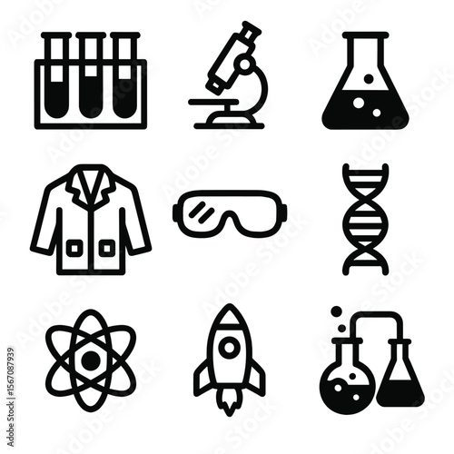 Home Science Icons. Solid, filled icon set of science experiments at home: test tubes, microscope, beaker, lab coat, safety