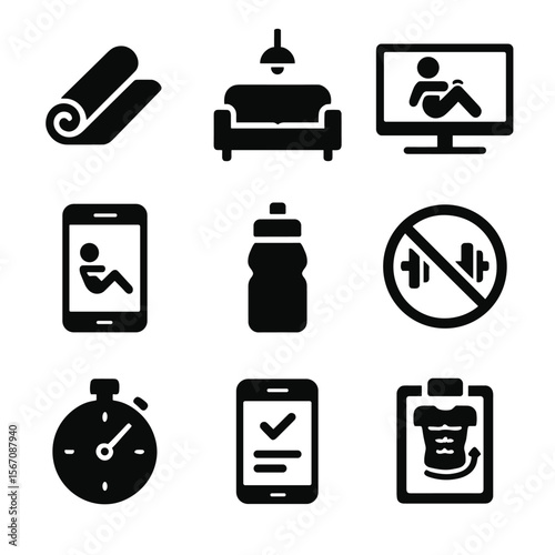 Home Workout Icons. Solid, filled icon set of home ab training: yoga mat, living room setup, smart TV workout, fitness app, water