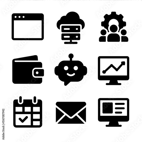 Online Tools Icons. Solid, filled icon set of online business tools and platforms: web browser, cloud server, CRM software,
