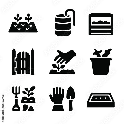 Homestead Garden Icons. Solid, filled icon set of homestead gardening: small plot, rain barrel, composting area, garden gate, hand