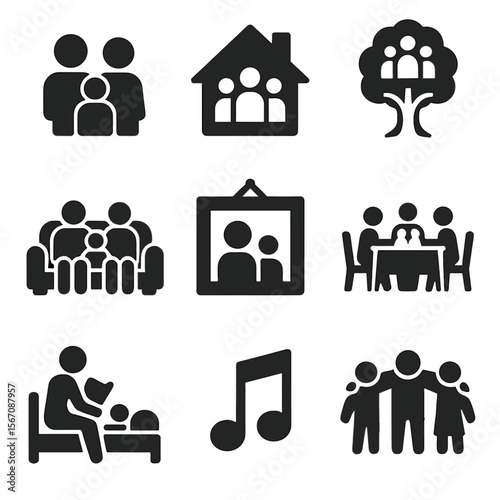 Family Icons Grid. Solid, filled icons set of multigenerational family life: three-person icon, family house,