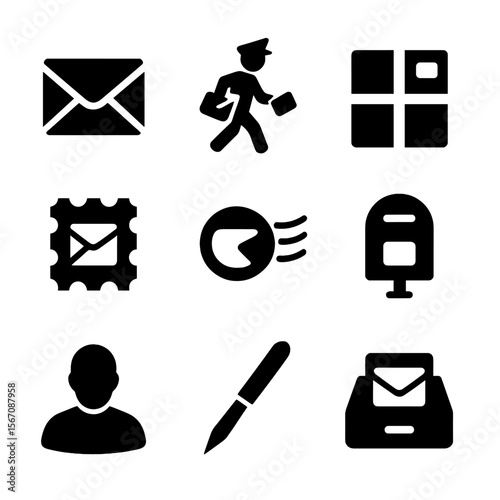 Mail Icon Set. Solid, filled icon set of Letter Mail: envelope, mail carrier, parcel, stamp, postmark, postal box, recipient,