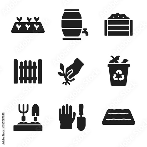 Homestead Garden Icons. Solid, filled icon set of homestead gardening: small plot, rain barrel, composting area, garden gate, hand