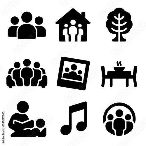 Family Icons Grid. Solid, filled icons set of multigenerational family life: three-person icon, family house,