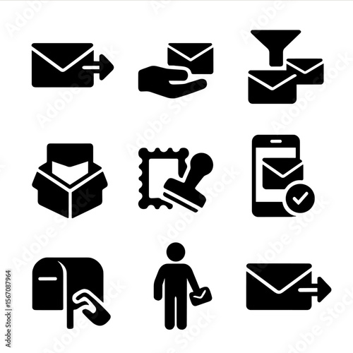 Mail Action Icons. Solid, filled icon set of mail-related actions: sending letter, receiving package, mail sorting, stamp sealing,