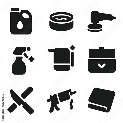 Maintenance Icon Grid. Solid, filled icon set of finishing and maintenance: oiling, waxing, buffing, cleaning, drying, storage,