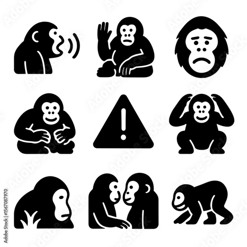 Orangutan Communication Icons. Solid, filled icon set of orangutan communication: vocalization, hand gesture, facial expression,