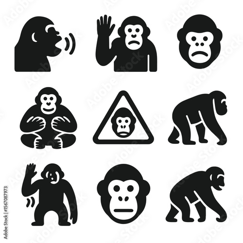 Orangutan Communication Icons. Solid, filled icon set of orangutan communication: vocalization, hand gesture, facial expression,
