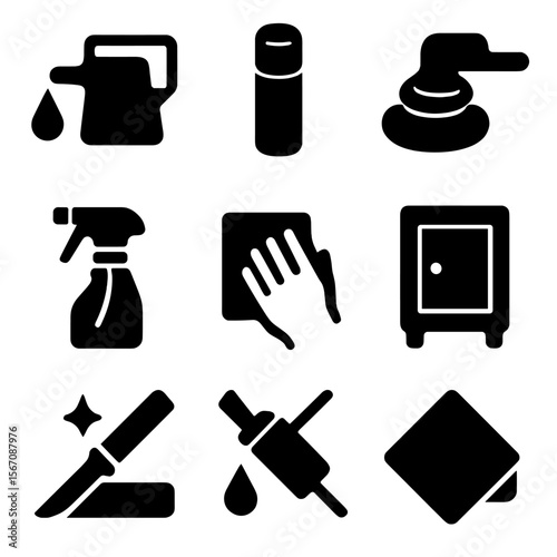 Maintenance Icon Grid. Solid, filled icon set of finishing and maintenance: oiling, waxing, buffing, cleaning, drying, storage,