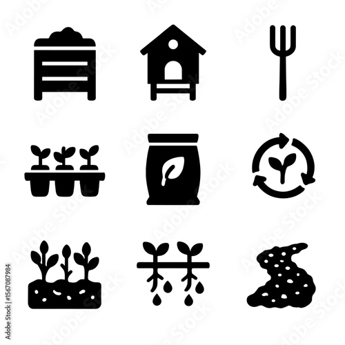 Organic Farm Icon Set. Solid, filled icon set of organic farm setup: compost bin, chicken coop, manure fork, seedling tray,