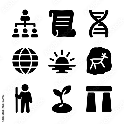 Origin Icons Grid. Solid, filled icon set of Origin concepts: family tree, ancient scroll, DNA helix, globe, sunrise, cave