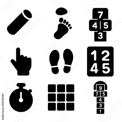 Hopscotch Tool Icons. Solid, filled icon set of hopscotch tools: chalk stick, pebble, game board, hand pointing, feet jump, number