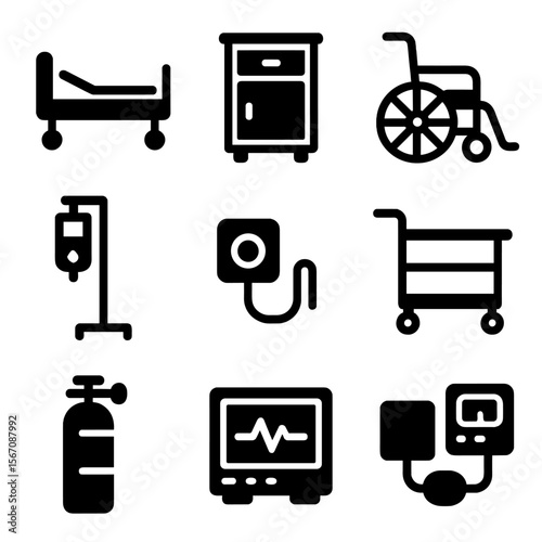 Hospital Equipment Icons. Solid, filled icon set of hospital furniture and tools: hospital bed, bedside table, wheelchair, IV