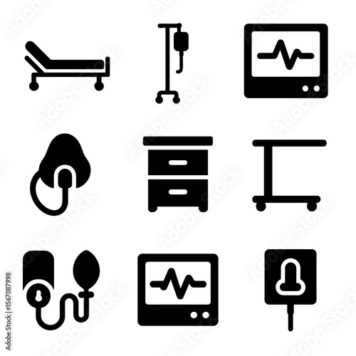 Hospital Equipment Icons. Solid, filled icon set of hospital room equipment: adjustable bed, IV stand, wall monitor, oxygen mask,