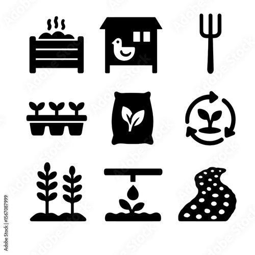 Organic Farm Icon Set. Solid, filled icon set of organic farm setup: compost bin, chicken coop, manure fork, seedling tray,
