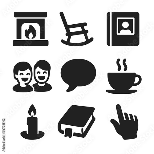 Family Storytelling Icons. Solid, filled icons set of telling family stories at a gathering: fireplace,