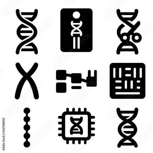 Human Genome Icons. Solid, filled icon set of human genome and DNA research: DNA helix, double helix strand, genome map, gene