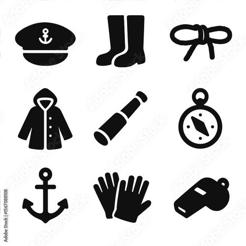 Maritime Icon Collection. Solid, filled icon set of historic maritime clothing and gear: captain’s hat, sailor’s boots, rope belt,