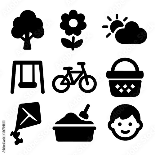 Outdoor Play Icons. Solid, filled icon set of grandchildren outdoors: tree, flower, sun, cloud, swing, bicycle, picnic basket,