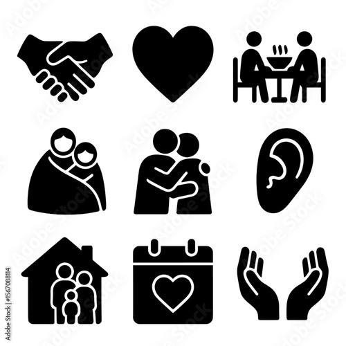 Family Support Icons. Solid, filled icons set of family support in tough times: holding hands, heart icon,