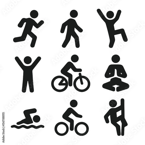 Human Movement Icons. Solid, filled icon set of human movement: running figure, walking person, jumping silhouette, dancing pose,