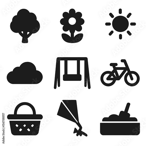 Outdoor Play Icons. Solid, filled icon set of grandchildren outdoors: tree, flower, sun, cloud, swing, bicycle, picnic basket,